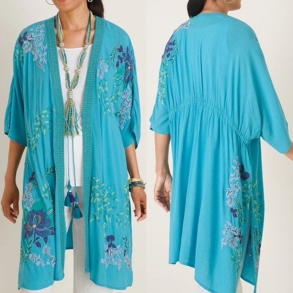 Chico's Aqua Blue Embroidery Beaded Bohemian Duster Kimono Beach Cover Up Sz S/M